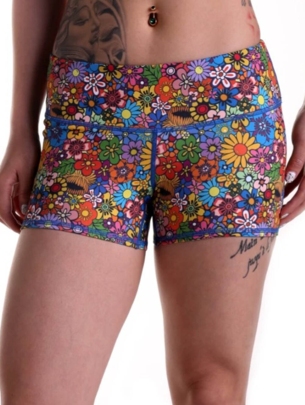 Tough Mode Women 3" Compression Booty Shorts - Pattern-Hippy Flower Sz.S